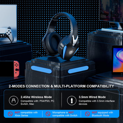 PHOINIKAS Wireless Gaming Headset for PS4 PS5 PC Switch, Wireless 2.4GHz Gaming Headphones with Detachable Noise Canceling Mic, 7.1 Stereo Sound, Only 3.5mm Wired Mode for Xbox Seires - Blue