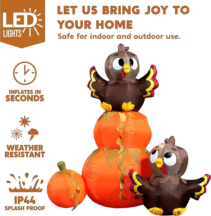 Joiedomi 6 FT Thanksgiving Inflatable Stacking Pumpkin Turkey With Built-in LEDs, Blow Up Outdoor Decorations for Yard Garden, Halloween Inflatable for Thanksgiving