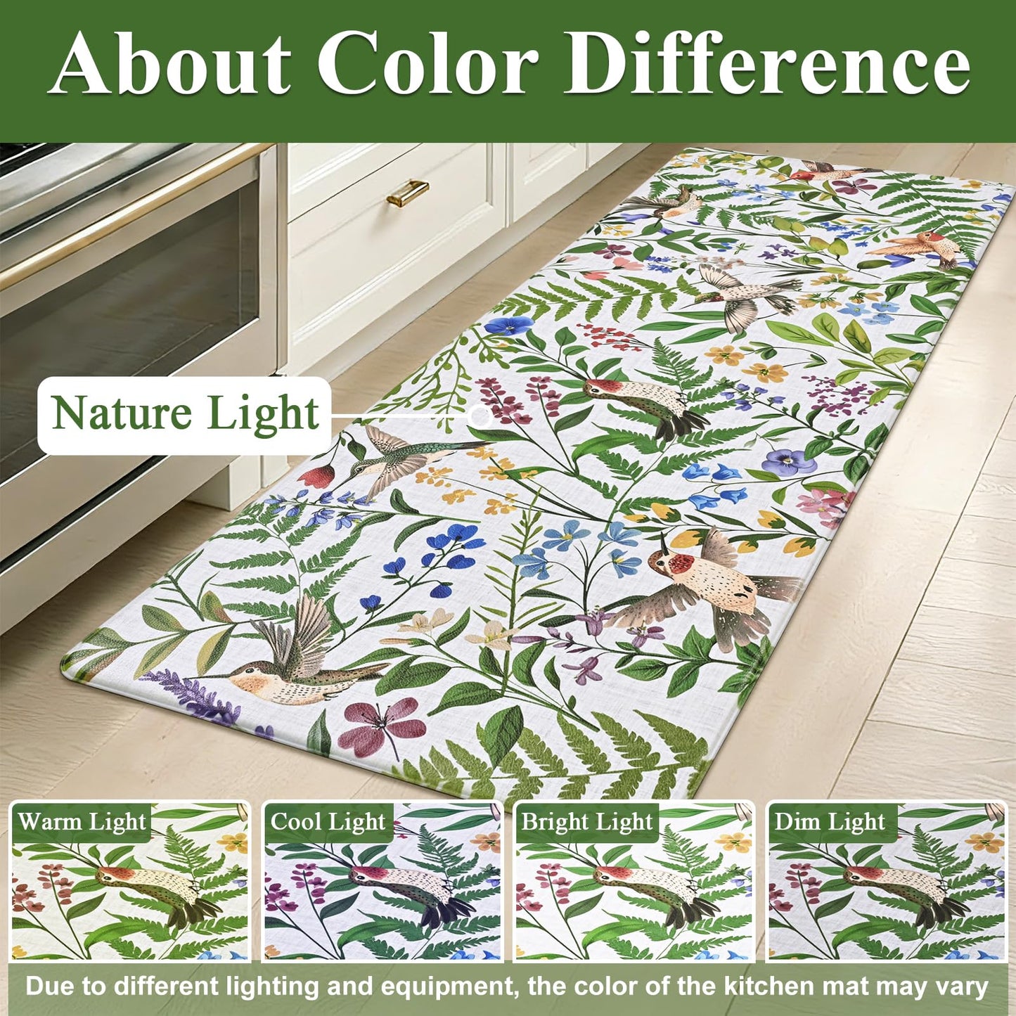 Yinhua White Kitchen Mats for Floor Sets of 2, Floral Anti Fatigue Mats for Kitchen Floor Rug Cushioned, Farmhouse Kitchen Rugs Non Slip, Bird Waterproof Mat for Laundry Office, 17.3"×30"+17.3"×47"