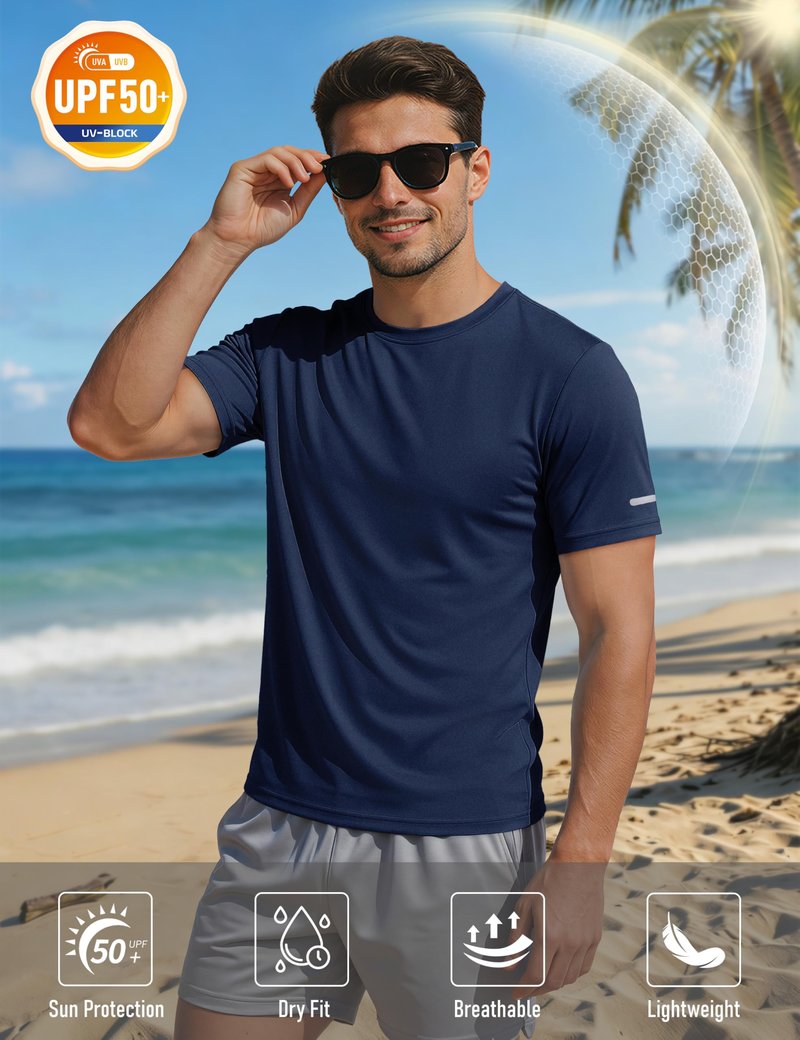MAGCOMSEN Gym Shirts Mens Workout Dry Fit Sun Protection Runing Athletic Short Sleeve Shirt Moisture Wicking Rash Guard UV T Shirt Navy L