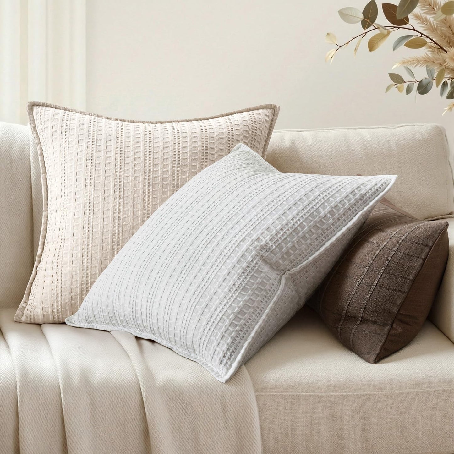 Woaboy Set of 2 Decorative 100% Cotton Waffle Throw Pillow Covers 18x18, Neutral Euro Shams Weave European Cushion Cases for Couch Sofa Bed Modern Farmhouse Home Decor, Cream