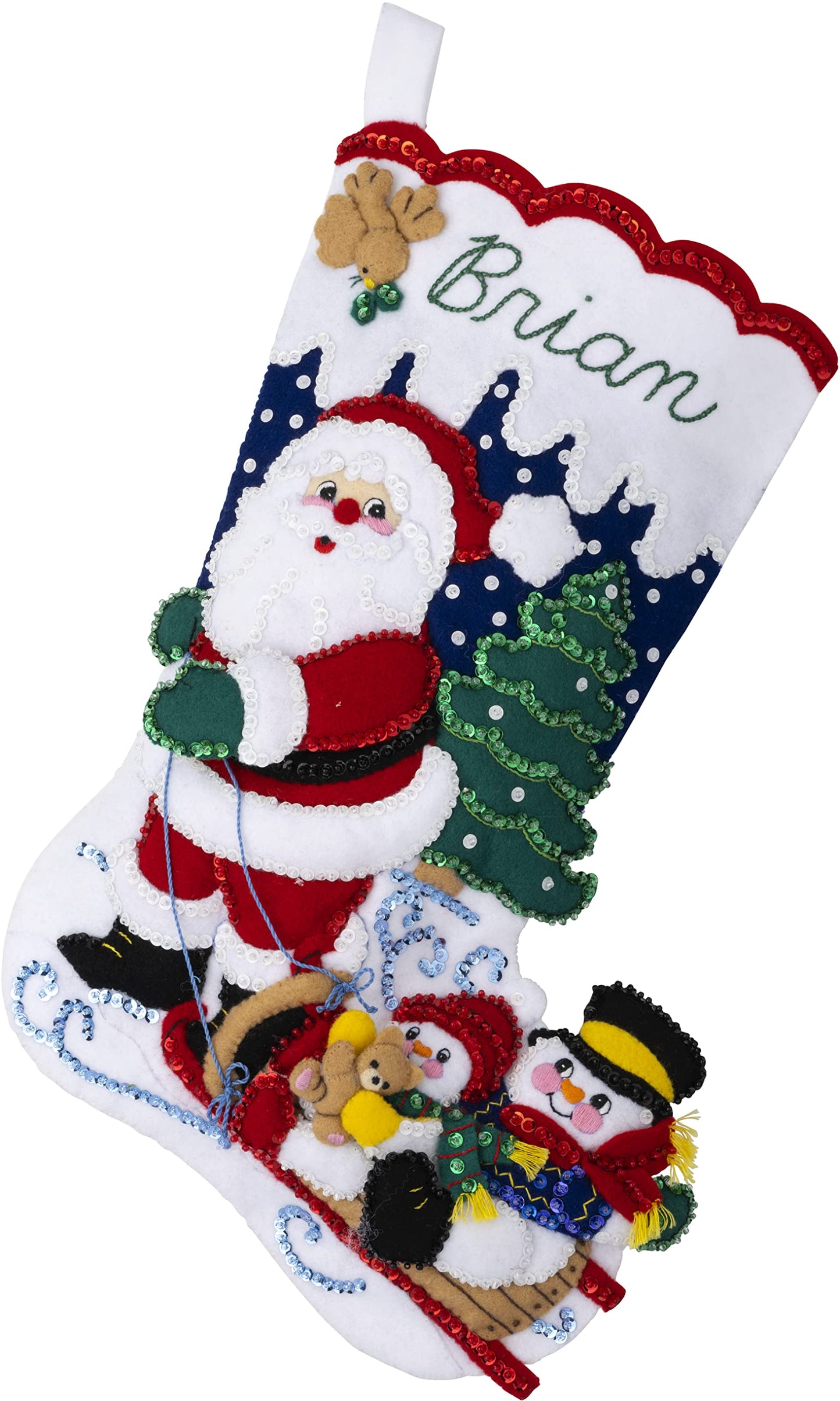 Bucilla Felt Applique 18" Stocking Making Kit, Sledding with Santa, Perfect for DIY Arts and Crafts, 89477E