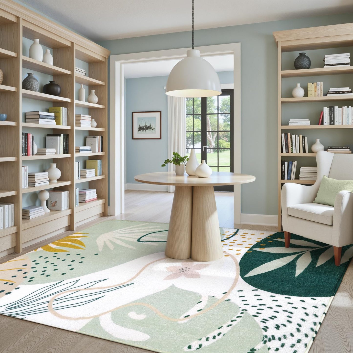 Lahome Green Washable Rugs 9x12 Living Room Rug, Non-Slip Backing Lightweight Extra Large Area Rug Ultra-Thin Throw Rus for Dining Room Table, Boho Botanical Print Soft Rug for Bedroom Classroom Home