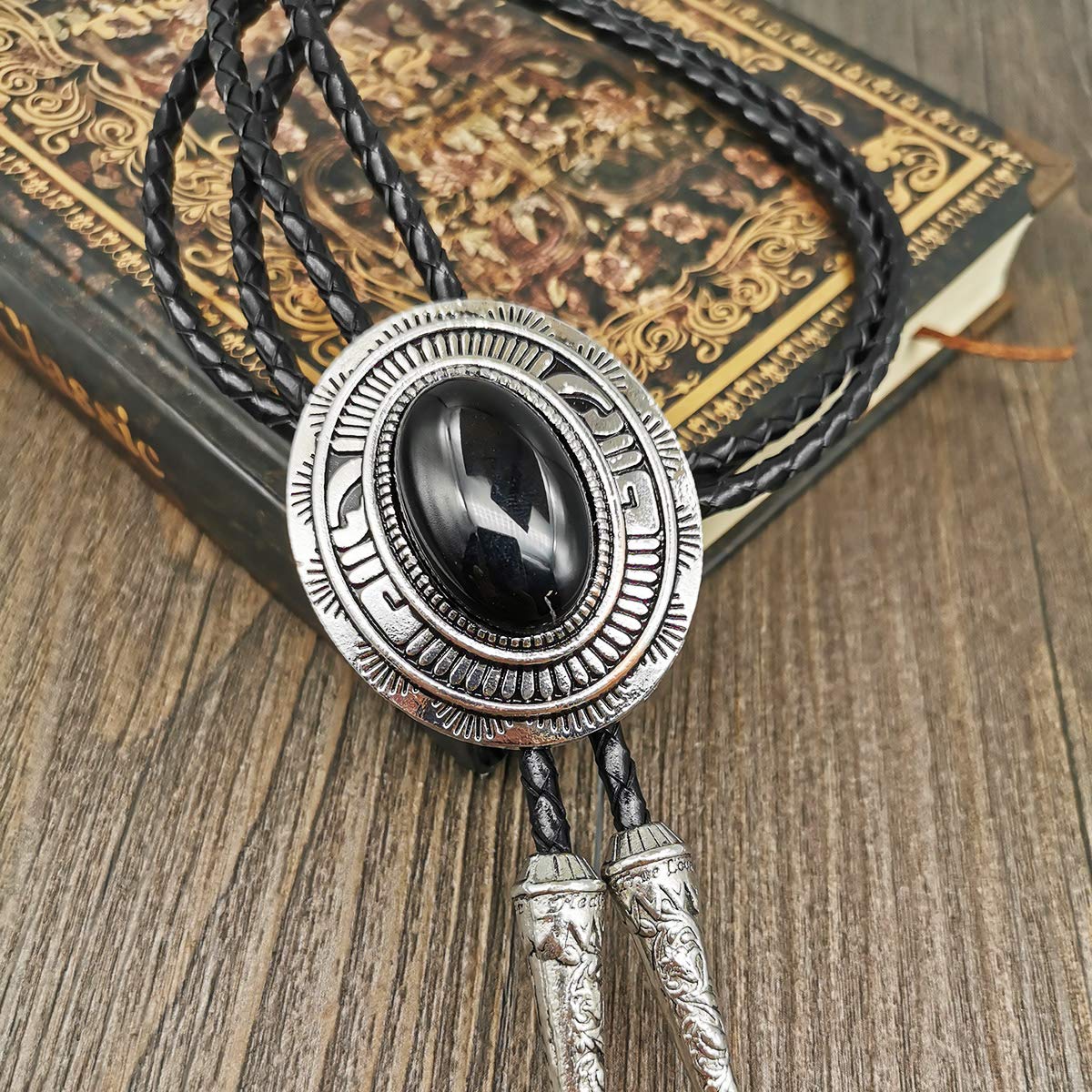 YOQUCOL Black Stone Bolo Tie Native American Western Leather Necktie Bolo Ties For Men