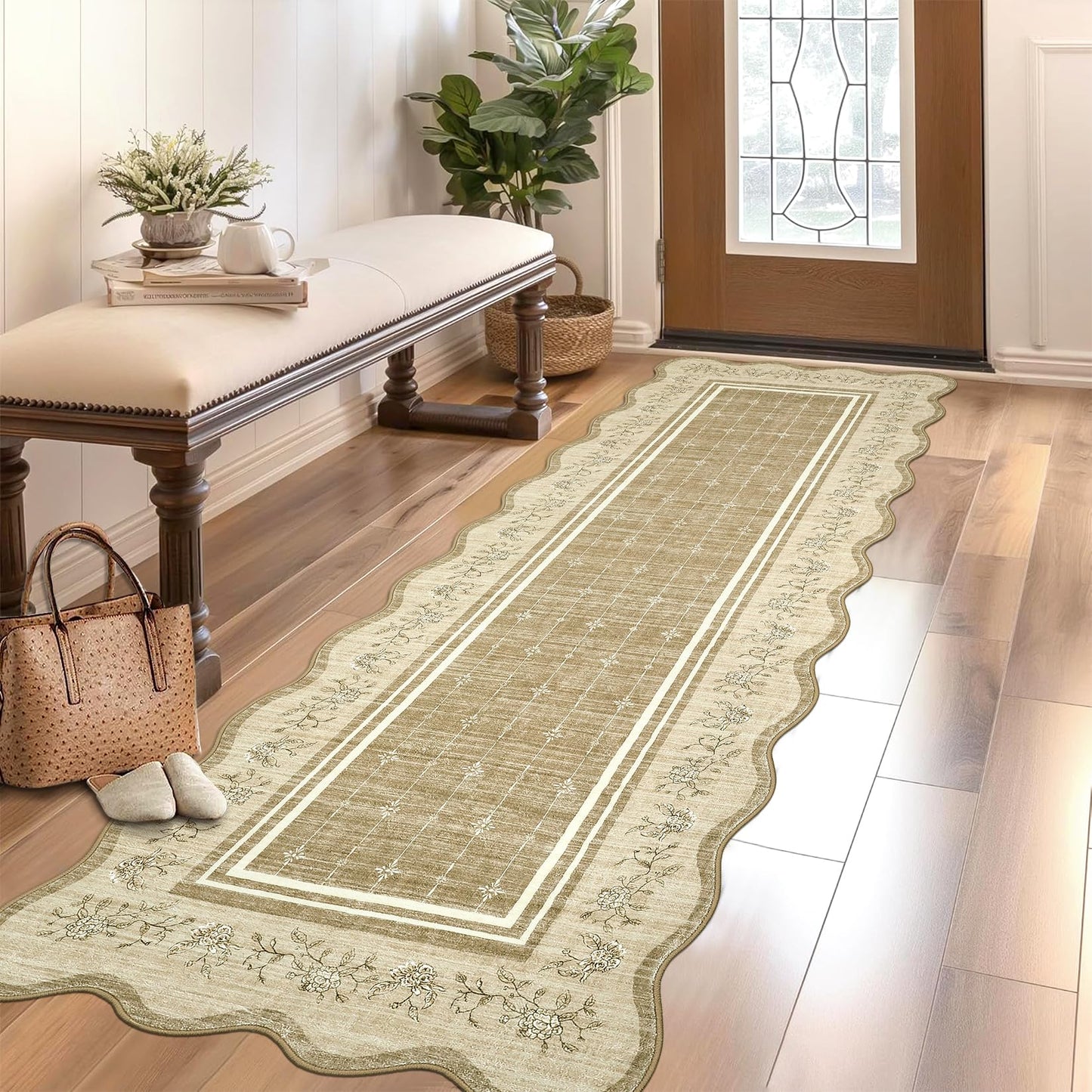 Garvee 2x6 Runner Rug Scalloped Kitchen Runner Rug Non Slip Washable Entryway Runners Modern Bordered Foldable Thin Accent Carpet Low Pile Soft Nursery Rugs for Hallway Bathroom Bedside Laundry Camel