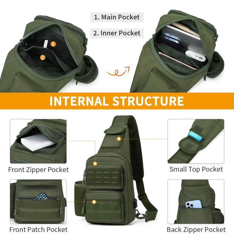 HUNTVP Tactical Sling Bag Crossbody Bag for Men Women EDC Shoulder Bags Molle Sling Backpack Chest Pack for Hiking Hunting Travelling Camping (Type3-Army Green)