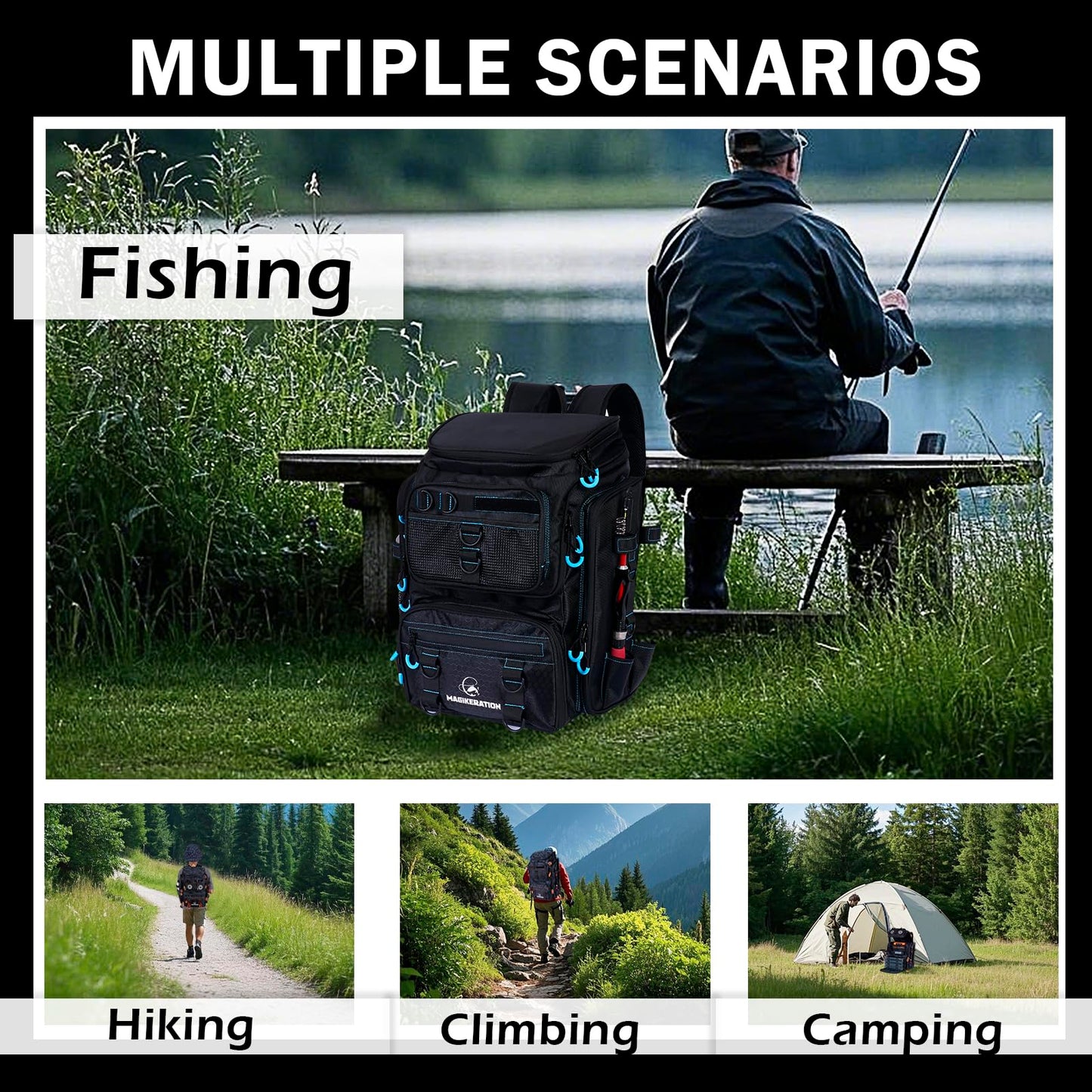 Magikeration Fishing Backpack with Rod Holders,900D Oxford Water-Resistant Fishing Gear,42L Large Storage Tackle Bag for Men