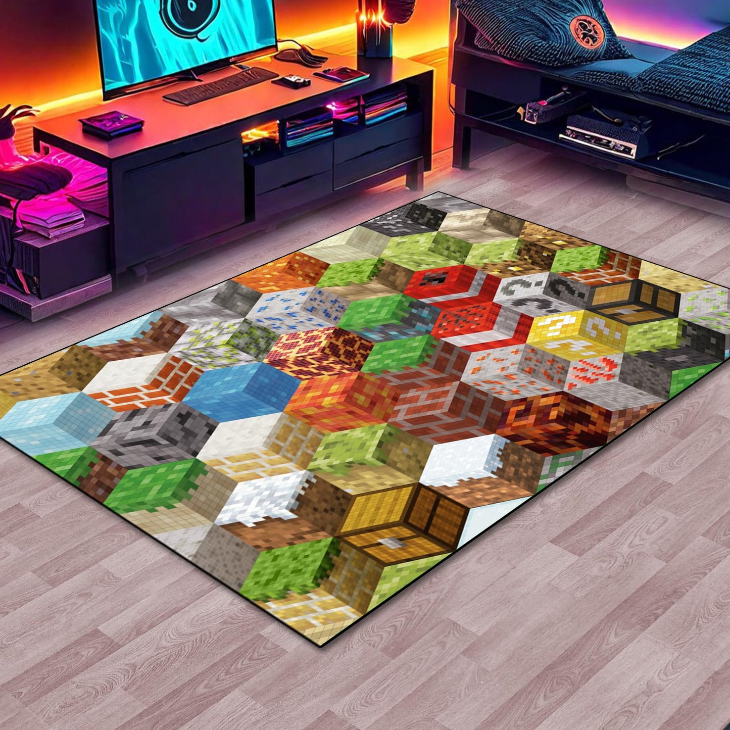 Block Game Rug Teen Boys Carpet with Pixel Games Element Decoration Mat, Cube Block Game Rugs for Boy’s Bedroom Living Room Playroom, Non-Slip Children Gaming Area Rugs (60" x 40")
