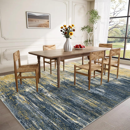 ROYHOME Modern Abstract Living Room Rug 8x10, Washable Area Rugs for Bedroom, Stain Resistant Non Slip Large Rug, Soft Indoor Carpet for Dining Room Table Home Decor, Yellow/Black
