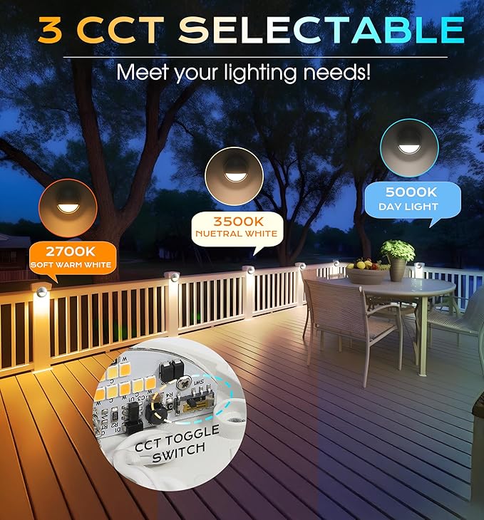 CLOUDY BAY [6 Pack] 3CCT Low Voltage LED Deck Lights Outdoor,2700K/3500K/5000K Selectable,Landscape Step Stair Railing Fence Light Wired,3W,12V-24V AC/DC Deck Lighting Fixtures,White