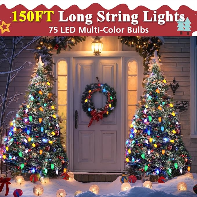 C9 Christmas Lights Outdoor Multicolor, 150FT 75LED string Lights Waterproof Shatterproof, Extendable C9 Xmas Light, Indoor Outdoor Christmas String Light for House Roof Patio Garden Tree Party