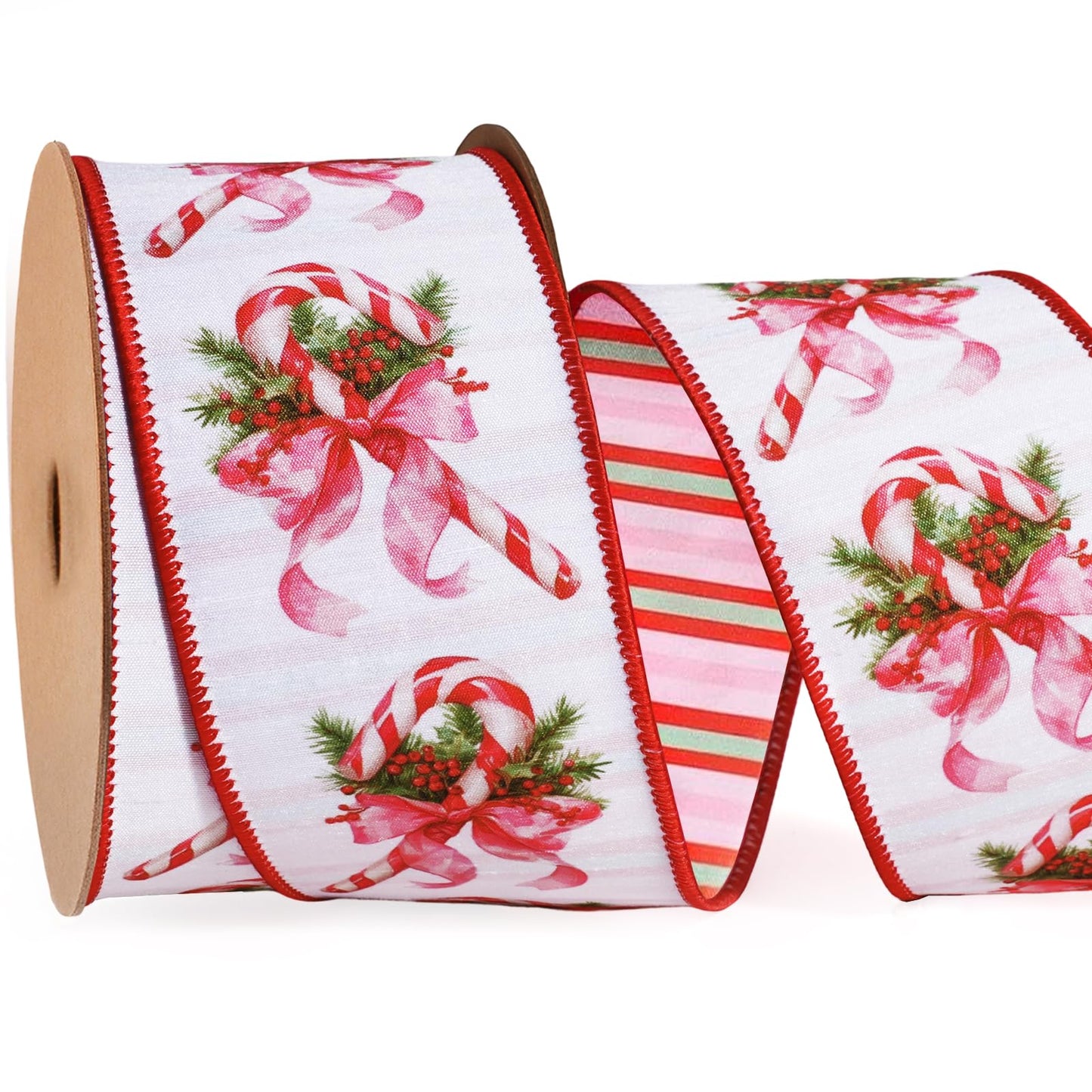 LaRibbons Christmas Ribbon Wired 2.5 Inch x 10 Yards, Candy Cane Ribbon with Pink Bow, Double Sided Christmas Tree Ribbon for Wreaths, Bows, Gift Wrapping, Holiday Decorations