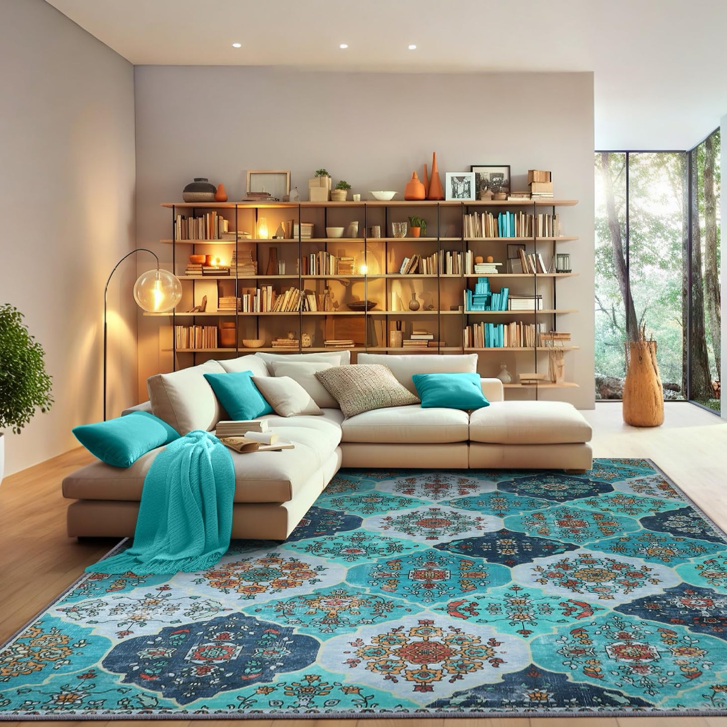 FLYRUGGO 5x7 Area Rugs, Washable Boho Rugs for Living Room, Moroccan Trellis Bohemian Ultra Soft Large Non-Slip Carpet for Dining Room Office Bedroom - Teal Blue