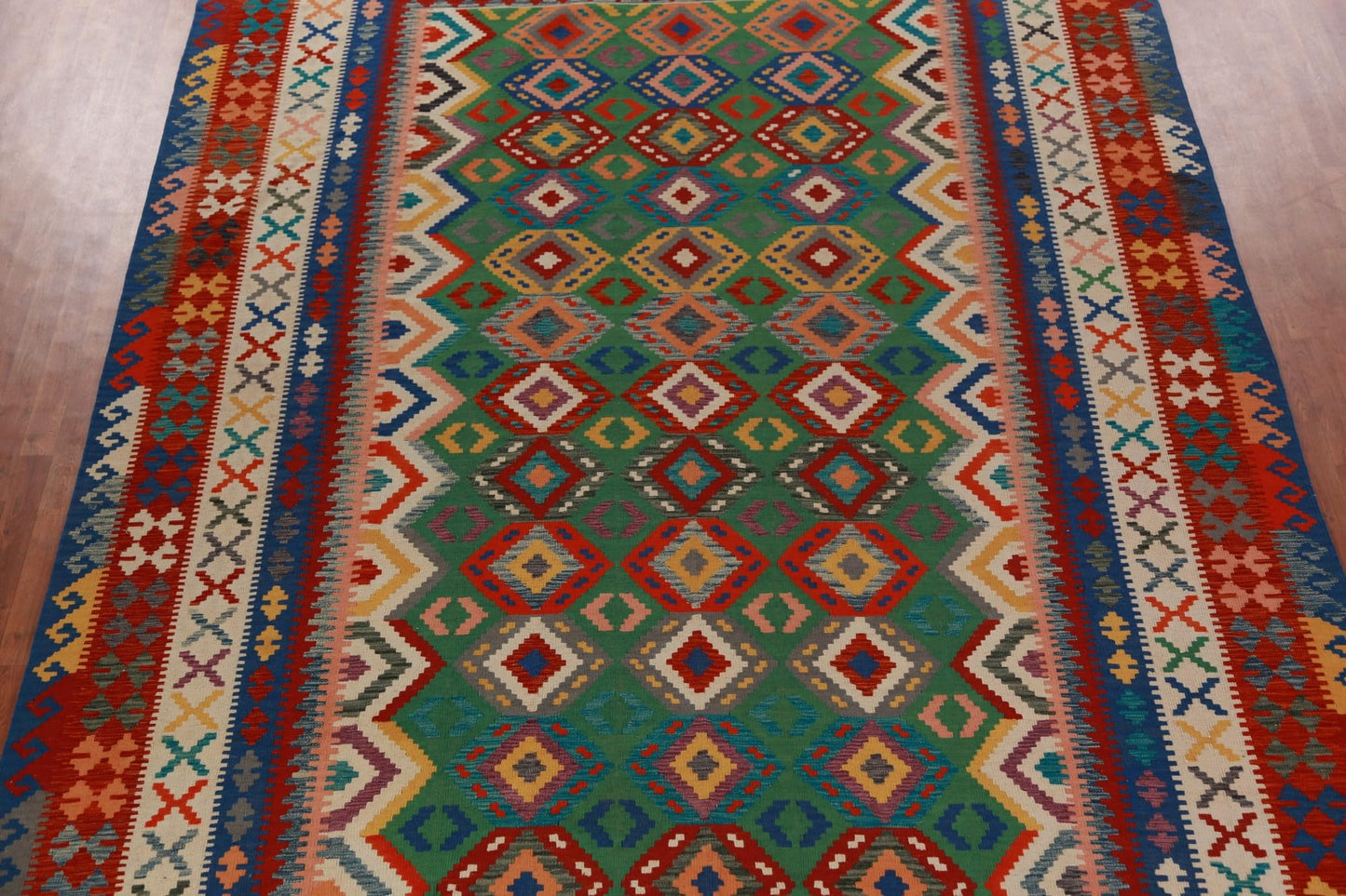 Rug Source Southwestern Style Collection Large Rugs (Palace Sized) Kilim Rectangle Rug, Hand Woven Green All-Over Rug, Oriental 100% Wool Carpet for Bedroom, Living Room, Dining Room