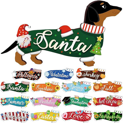 Barydat 16 Pcs Seasonal Dachshund Dog Welcome Sign Lovely Interchangeable Front Door Decoration, Wooden Rustic Holiday Door Wall Decor for Independence Day Summer Fourth of July Decoration(Dog)