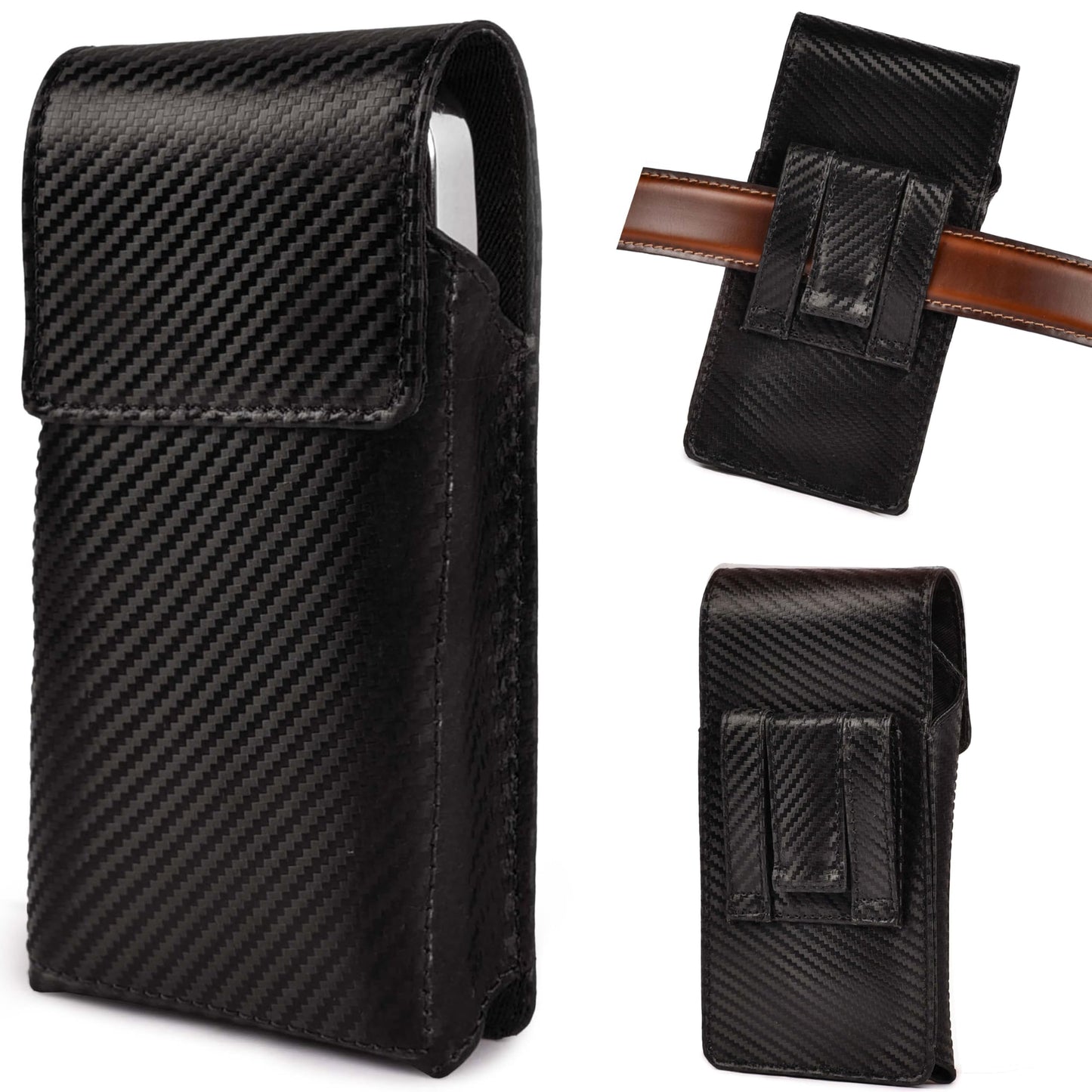 LEATHER VILLAGE Carbon Genuine Leather Phone Holster with Belt Clip - Compatible with iPhone 16 Pro Max 15 Pro Max 14 Pro Max 13 Pro Max 12 Pro Max 16 Plus 15 Plus 14 Plus Galaxy s23/24Plus - Black- L