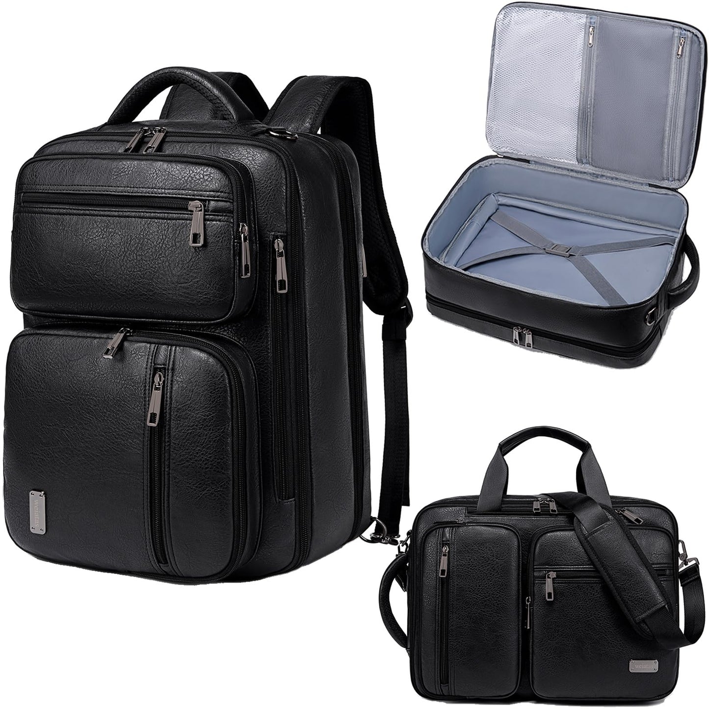 weiatas 3-in-1 Vegan Leather Convertible Laptop Bag for Men Women, 15.6 Inch Waterproof Expandable Backpack, Computer Briefcase, Shoulder Messenger Bag & Weekend Bag for Business Travel Work (Black)