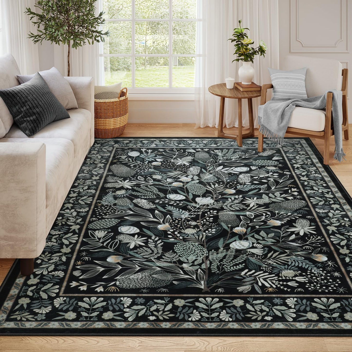 Anidaroel Black Botanical Floral 8x10 Rugs for Living Room, Washable Large Area Rugs for Bedroom Non-Slip Soft Modern Rugs, Ultra-Thin Indoor Throw Carpet Mat for Dining Room Nursery Office