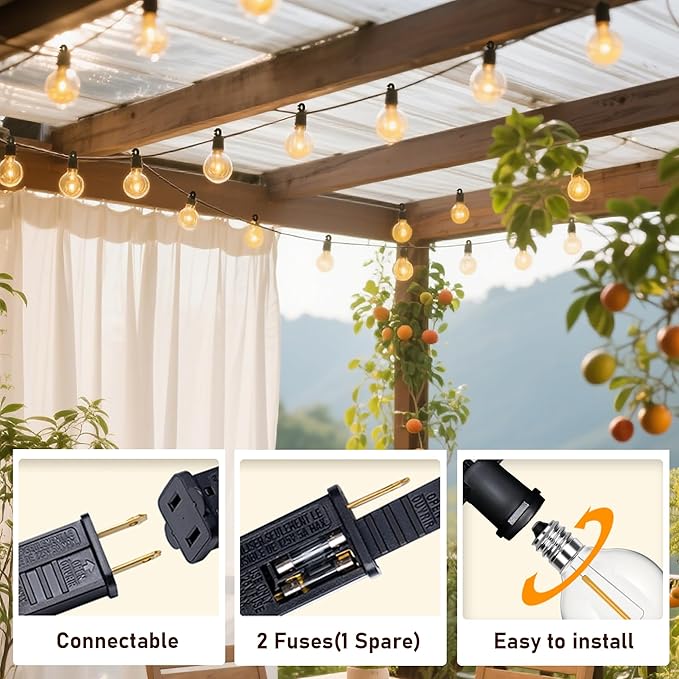 50Ft LED G40 Globe Outdoor String Lights Waterproof Patio Lights with 27 Shatterproof Warm White Bulbs, Hanging Outdoor Light for Backyard Balcony Wedding Christmas Party Decorations, Black Wire
