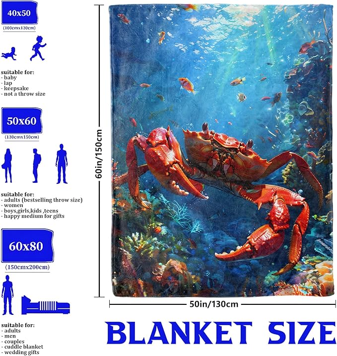 Red Crab and Coral Reef Throw Blanket for Boys Girls Kids Adults Women, Fuzzy Warm Soft Cozy Flannel Blankets Gifts for Bedroom, Couch, Travel, Home Decor 40x50 in