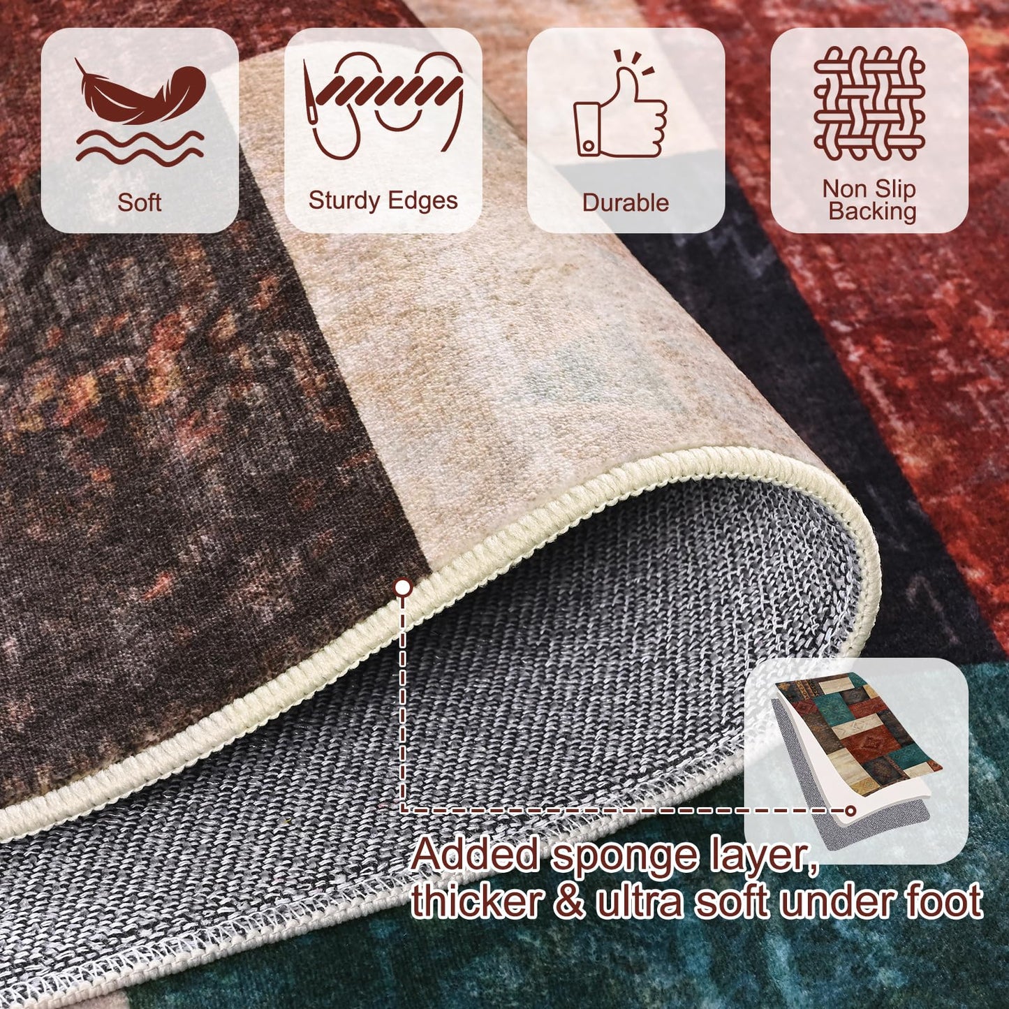 Yinhua Living Room Rug 5x7 Geometric Area Rugs for Bedroom, Washable Patchwork Rugs with Non Slip Backing, Low Pile Soft Faux Wool Rug Carpet for Dining Room Nursery Office Playroom, Colorful