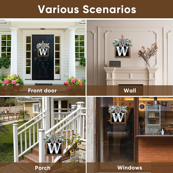 Ultra Large 14'' Last Name All Year Round Front Door Wreath with 26 Initial Letter Welcome Sign All Seasons Eucalyptus Garland and Bow Wreaths for Front Door Porch Farmhouse Decoration(W)