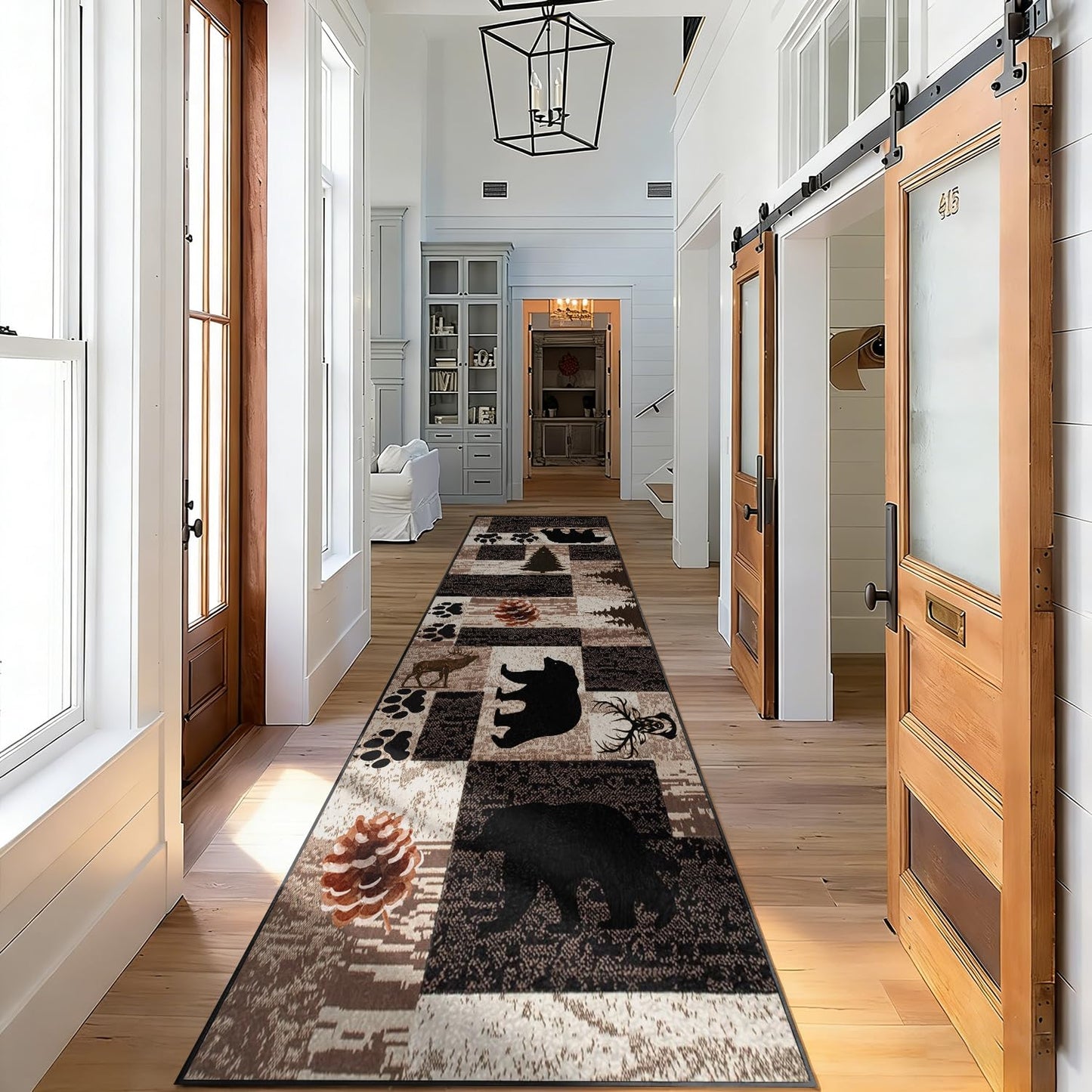 Puyosvr Rustic Lodge Runner Rug,2x7ft,Western Country Bear Elk Deer Wildlife Log Design,Forest Landscape Hunting Theme Rug,with Non Slip Backing Washable Rugs, Non Slip Pet Friendly Rug for Hallway