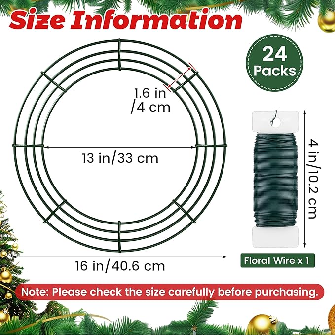 Fovths 24 Pack Christmas Wire Wreath Ring 16 Inches Metal Wire Wreath Frame with Floral Wires Green DIY Floral Crafts for Xmas Halloween New Year Holiday Valentines Day Decor