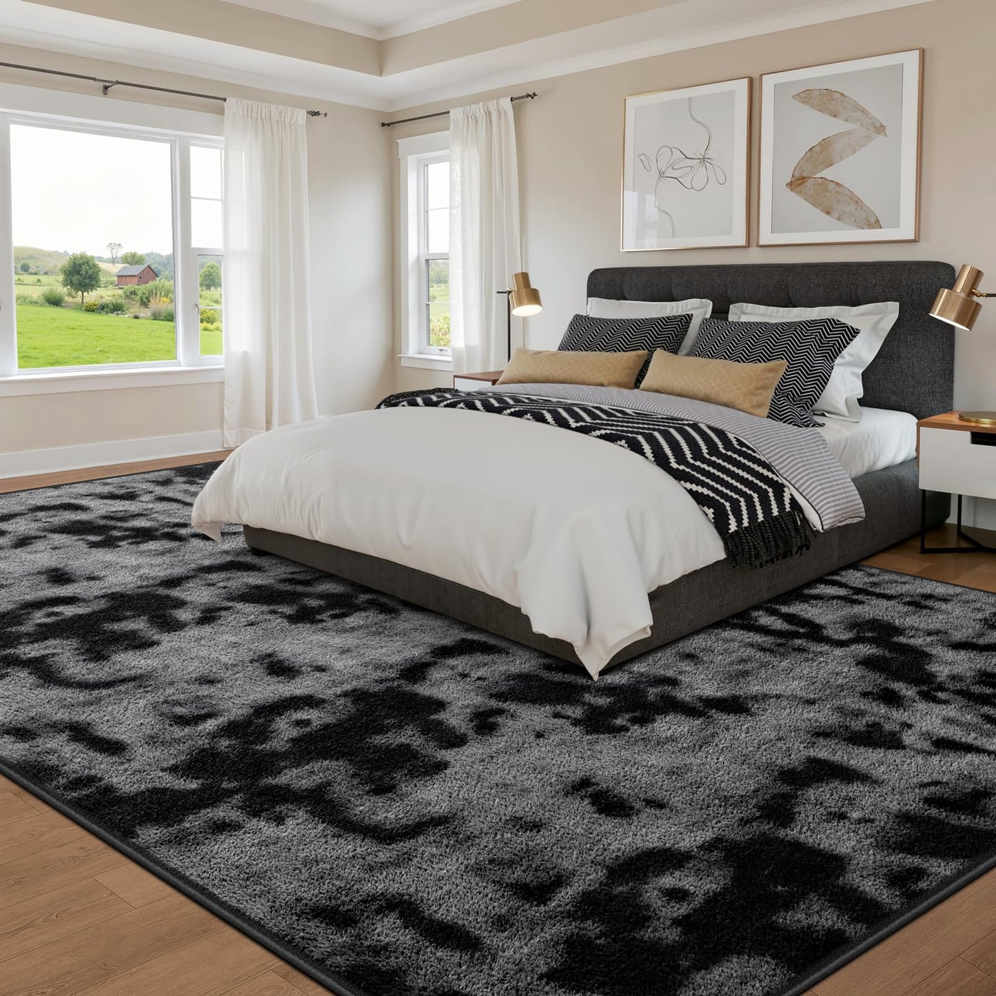 Large Soft Rugs for Living Room, 6 x 9 Ft Tie-Dyed Thickened Memory Foam Area Rug for Bedroom, Non-Slip Comfy Indoor Carpet for Boys Girls Room Nursery Home Decor, Dark Grey