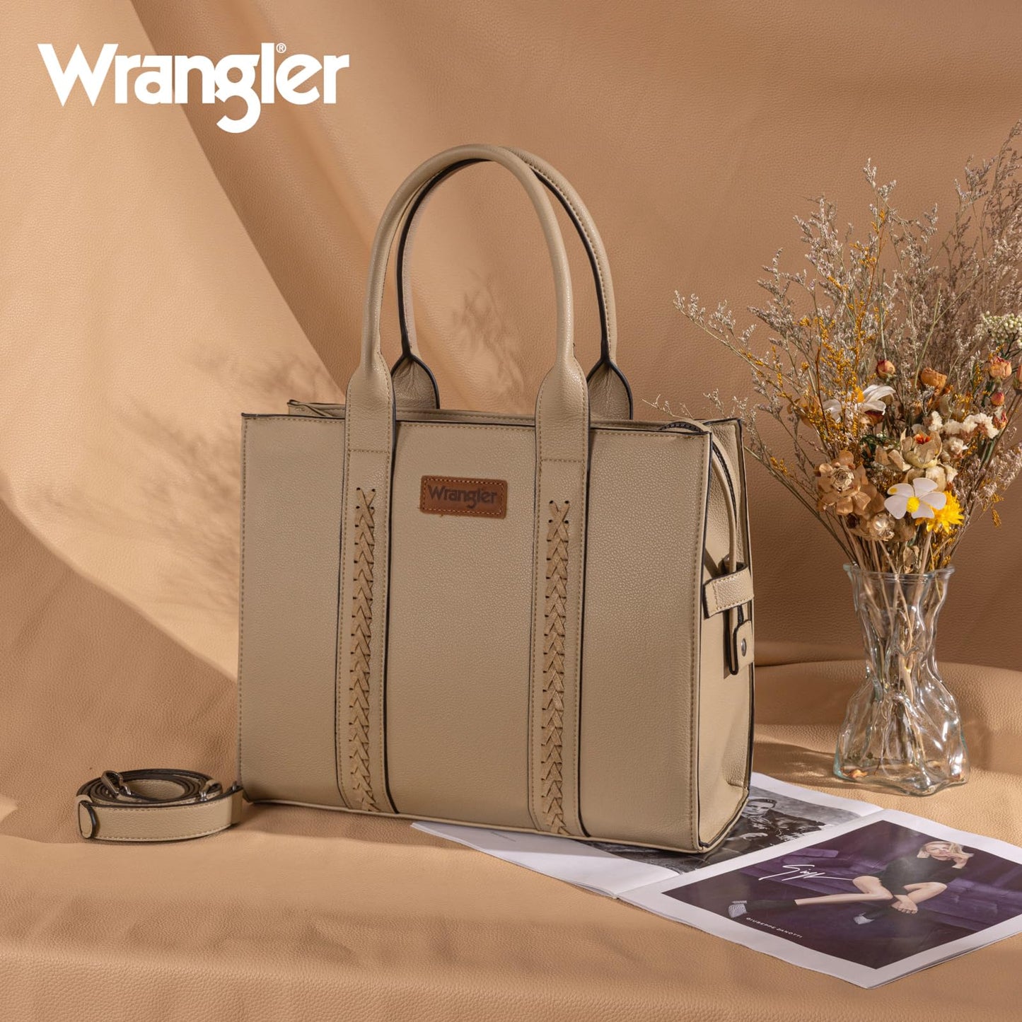 × Wrangler Large Tote Bag Purses for Women Shoulder Purse Handbag with Pocket Khaki Crossbody Bag with Strap WG70-8317-KH