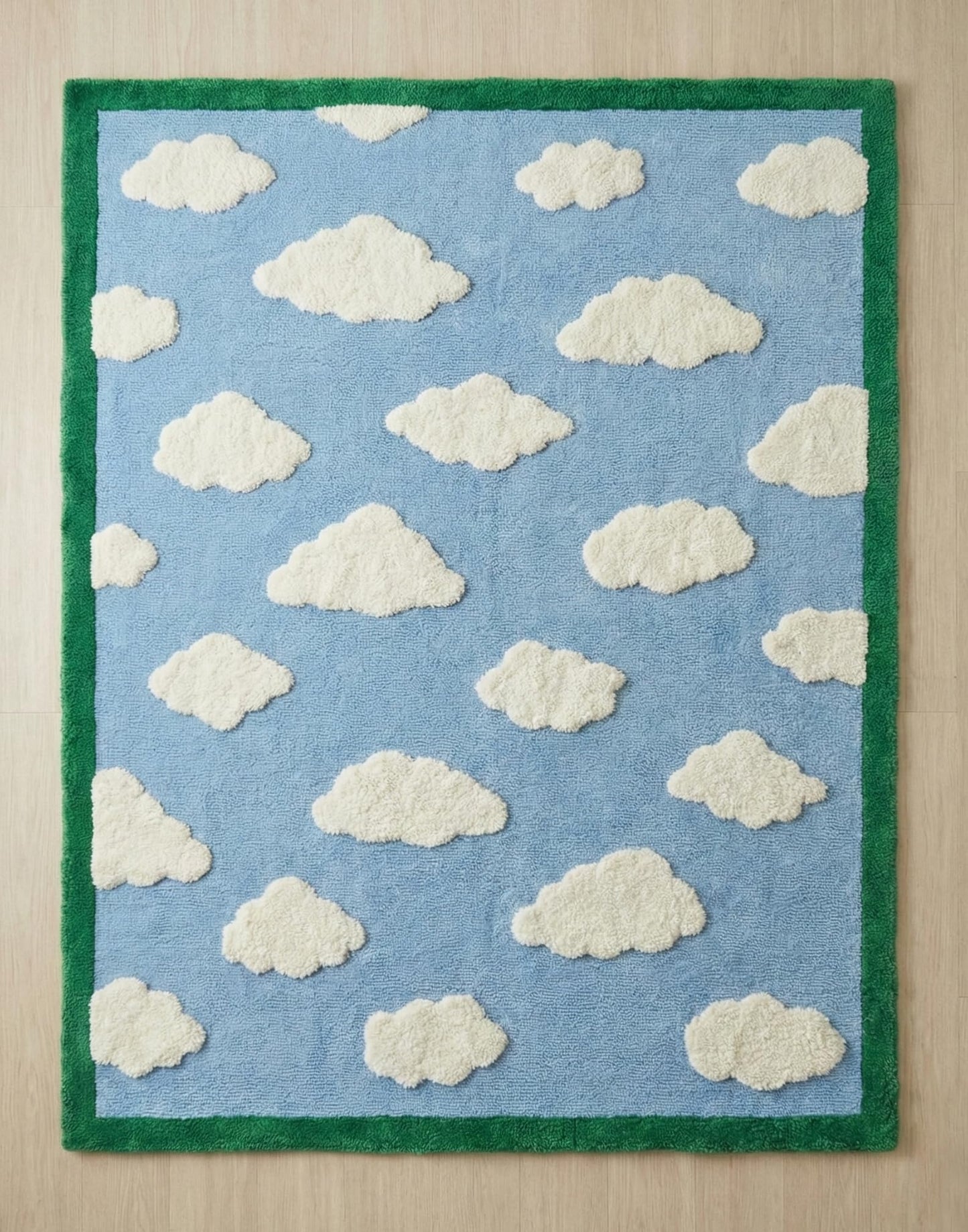 RUGORIA Hand-Tufted Cloud Pattern Wool Area Rug, 6' x 8' Sky Blue & Ivory Raised Cut-Pile Design with Green Border, Soft Plush & Durable Carpet for Kids Room, Living Room & Playroom