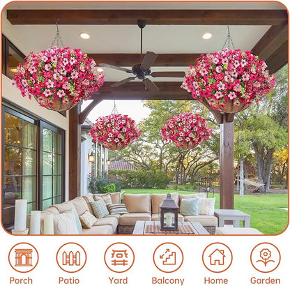 Artificial Hanging Faux Flowers Basket, Fake Silk Daisy Eucalyptus Plants Arrangement,for Spring Summer Outdoor Decoration,UV Resistant, Coconut Planter,Look Real for Home Garden Décor (Rosered Pink)