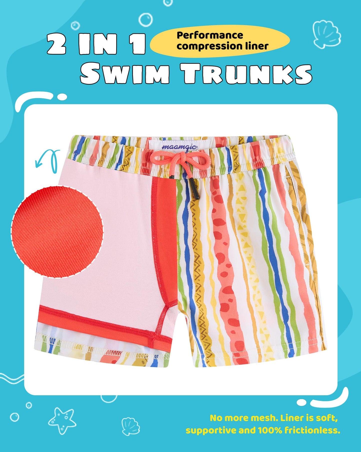 maamgic Boys Swim Trunks with Compression Liner Toddler Stretch Swim Shorts Quick Dry Swimming Trunks Boxer Brief 2 in 1 Beach Shorts Playful Stripes 14/16