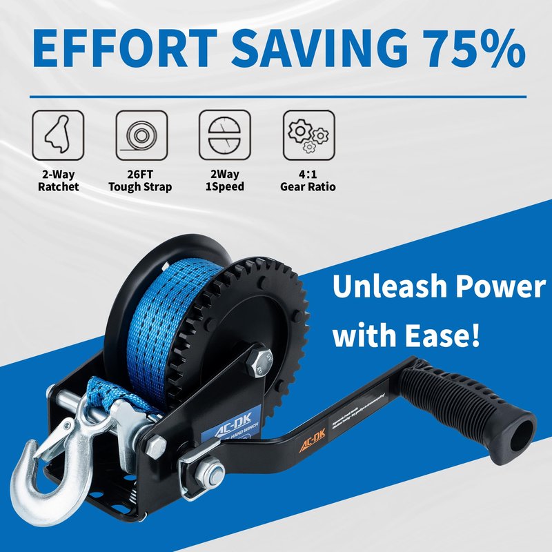 AC-DK 1600lbs Heavy Duty Boat Trailer Winch with 26FT Strap, 2-Way Ratchet & 4:1 Gear Trailer Winch, Portable Hand Crank Winch for Boat, Truck, Trailer, RV, ATV, Jet Ski