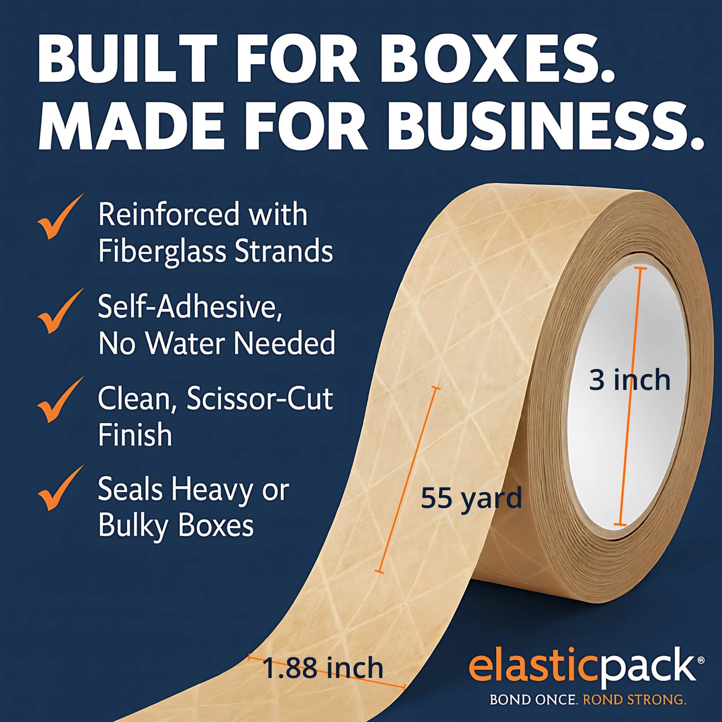 Elasticpack Heavy-Duty Packing Tape 4-Pack – Kraft Brown Paper Tape, Fiberglass Reinforced, Self-Sticking, No Water Needed, Strong Hold for Heavy Box Shipping & Packaging, 1.88" x 55 yd