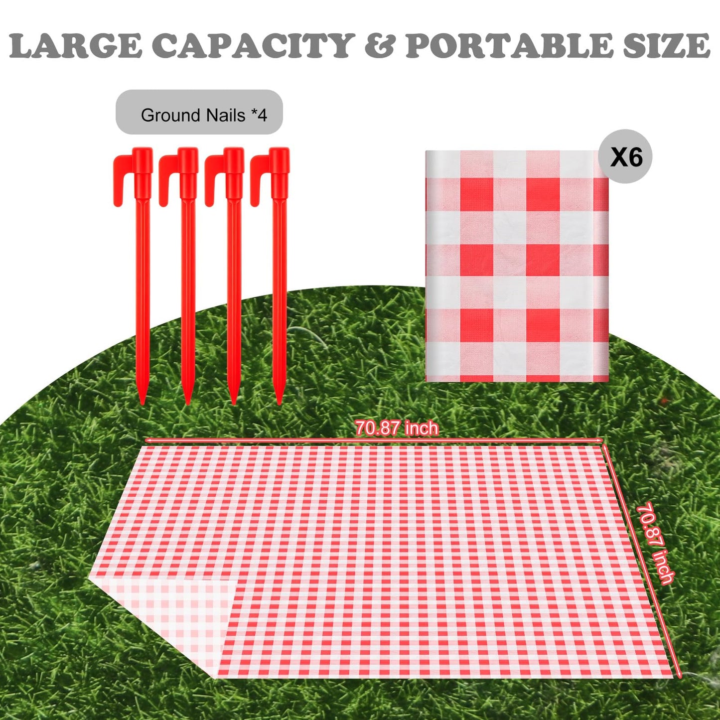 HunnmingRe 6 Pcs Disposable Outdoor Picnic Blankets 71''x71'' Thicken Foldable Waterproof Picnic Mats Bulk Gingham Oil Proof Camping Blankets with 4 Ground Spikes Beach Travel(Red and White)