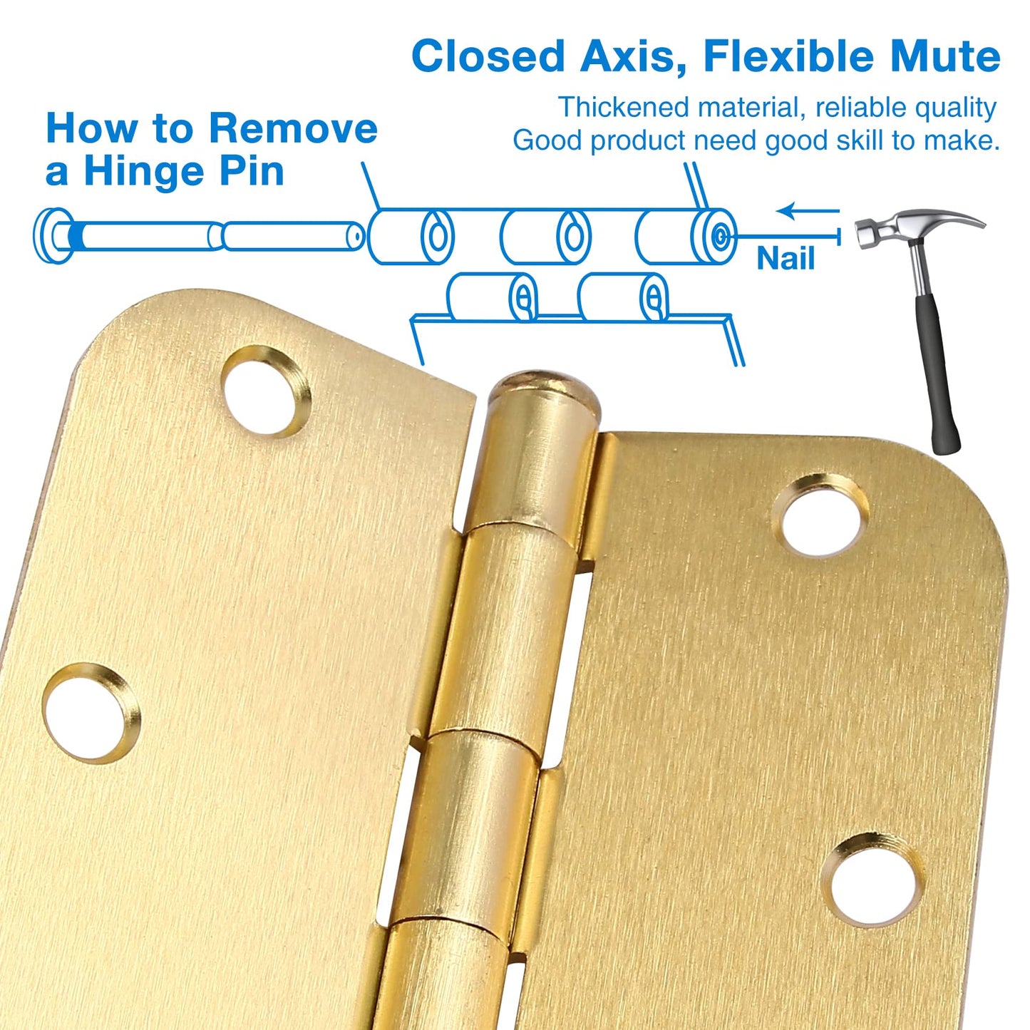 Rounded Door Hinges 3-1/2" x 3.5 inch, 5/8 Radius, Satin Brass 3 ½ Inch 18 Pack