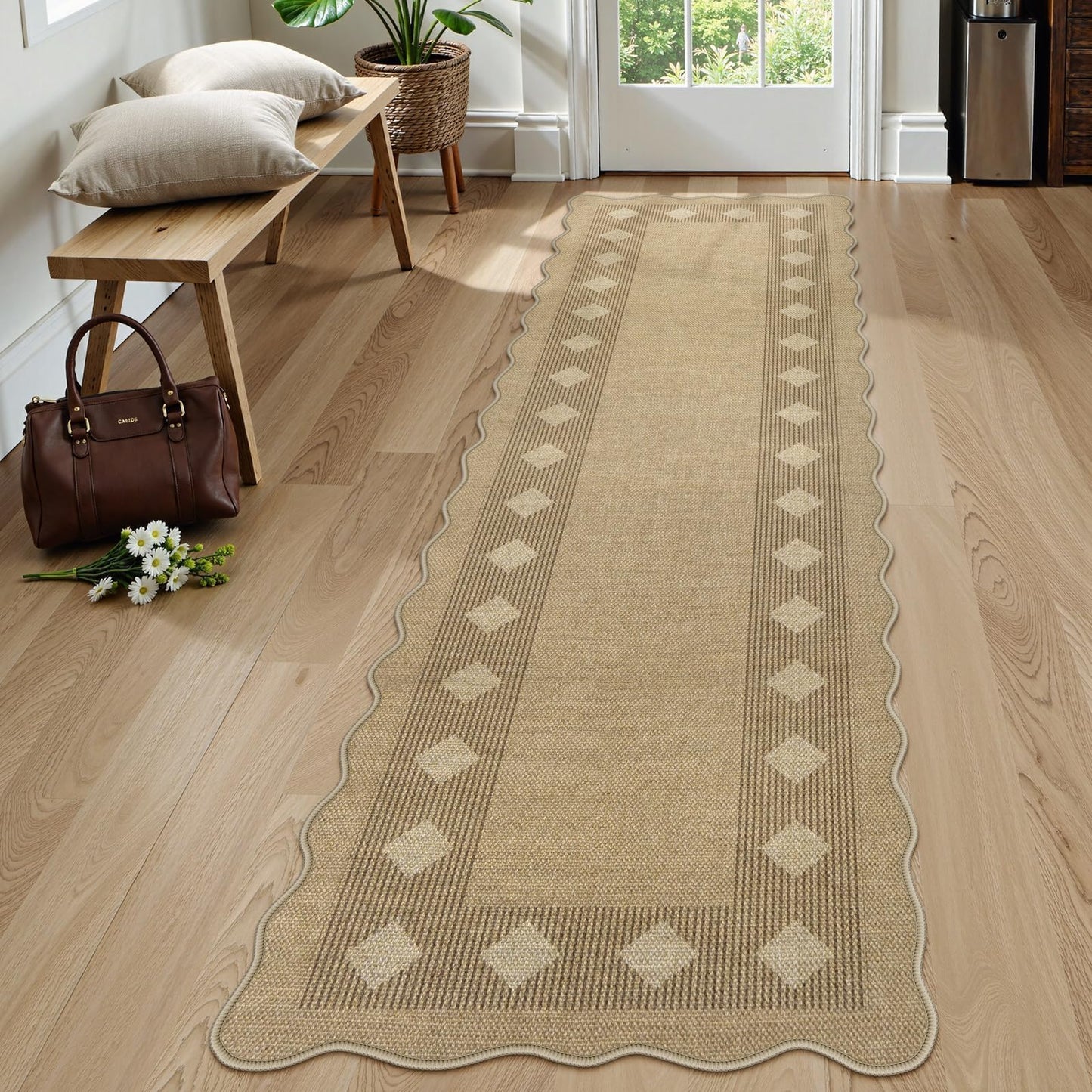 LIVEBOX Easy Jute Diamond Runner Rug for Kitchen, Scalloped Washable 2x8 Tan Rugs for Hallway Entryway, Geometric Checkered Indoor Outdoor Non Slip Rug Farmhouse Carpet Area Rugs for Porch Floor Mat