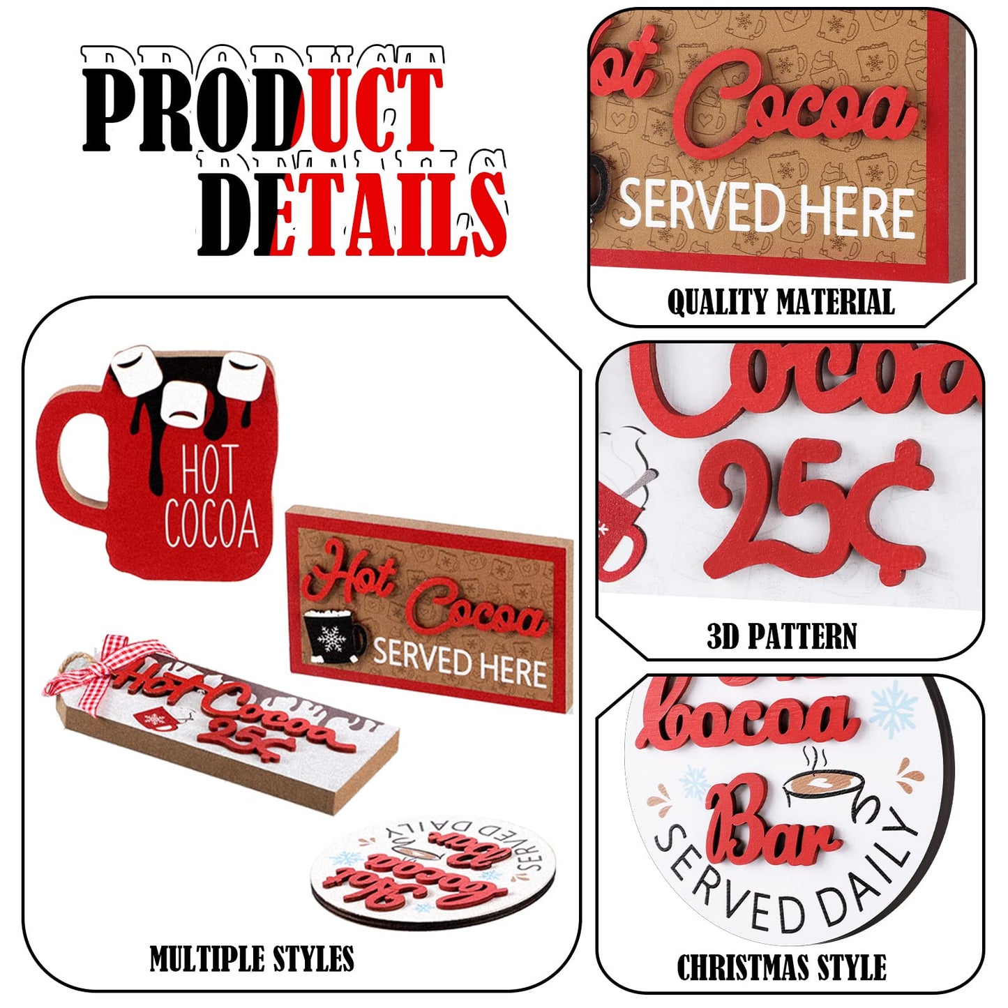 Yalikop 5 Pieces Christmas Hot Cocoa Wooden Signs Tiered Tray Decoration Hot Cocoa Decor Warm Winter Tabletop Wooden Block Sign Christmas Candy Canes Tiered Tray Decorations Holiday Table Centerpieces