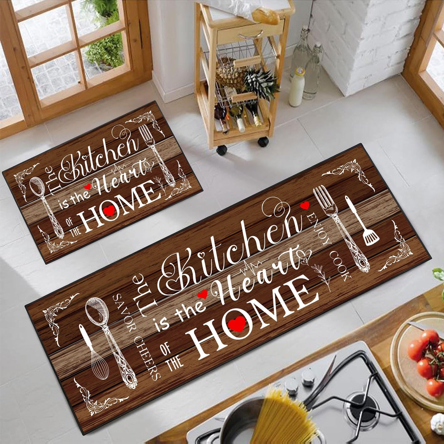 AmaAccess Farmhouse Kitchen Rug 2 Piece Set, Brown and White Rustic Kitchen Decor Rugs, Non-Slip, Absorbent, Washable Floor Mats, Home Indoor Runner Carpet (Brown, 17x30+17x47 Inches)