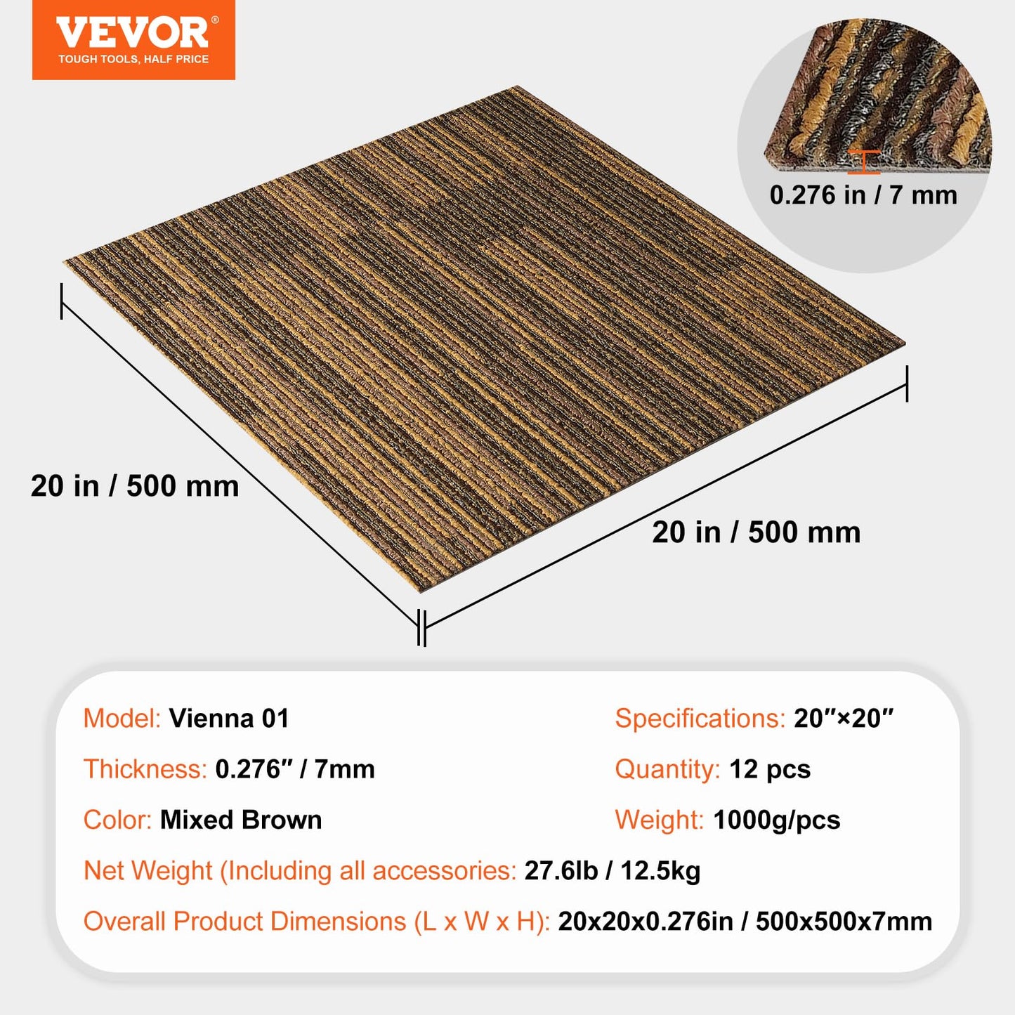 VEVOR Carpet Tiles Reusable, 20"x 20" Carpet Squares with Padding Attached, Soft Padded Carpet Tiles, Easy Install DIY for Bedroom Living Room Indoor Outdoor (16 Tiles, Mixed Brown)