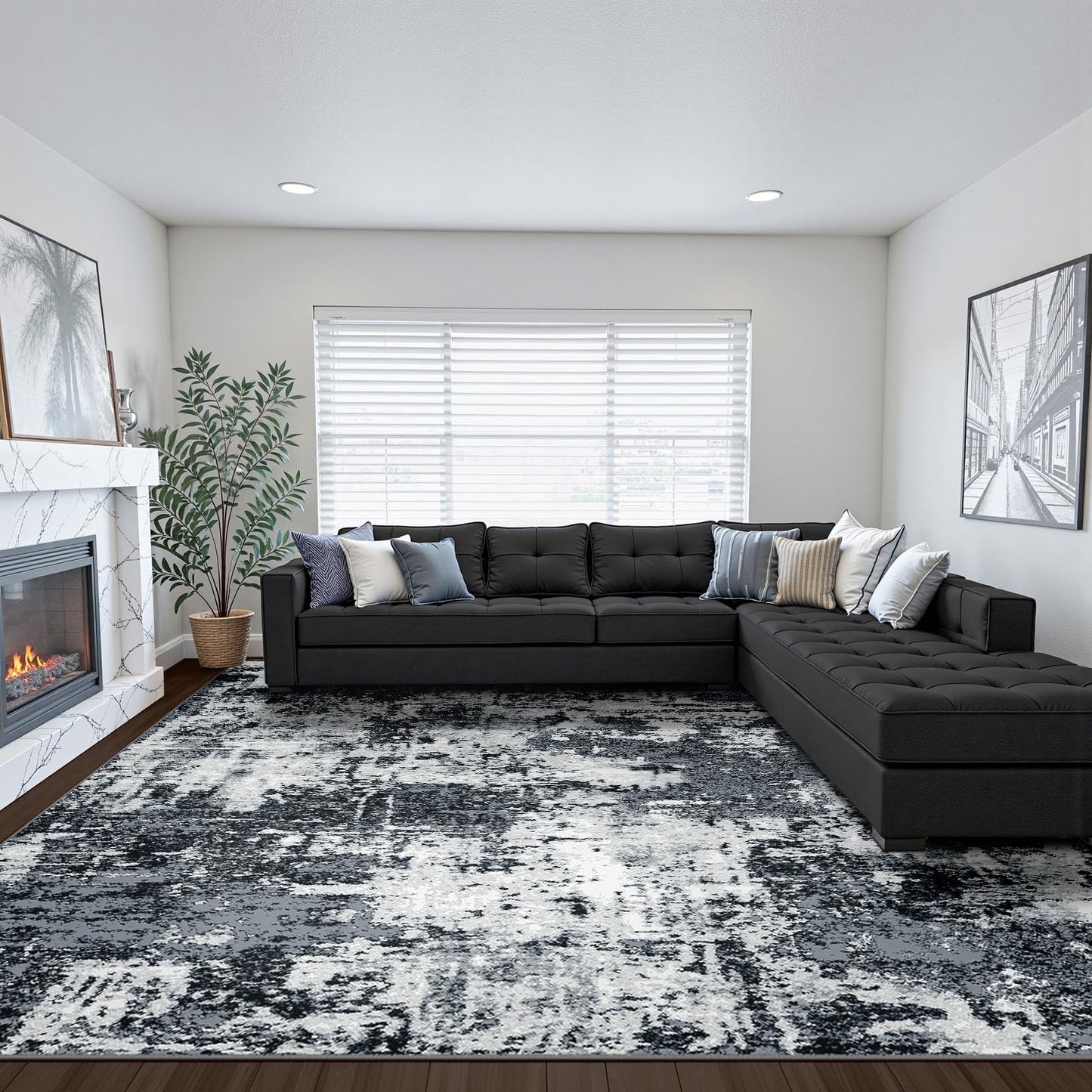 RELEANY Washable Area Rugs 8'x10' Non-Slip Modern Abstract Soft for Living Room Entryway Bedroom Kitchen, Print Pattern, Black Navy Blue Gray