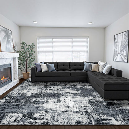 RELEANY Washable Area Rugs 8'x10' Non-Slip Modern Abstract Soft for Living Room Entryway Bedroom Kitchen, Print Pattern, Black Navy Blue Gray