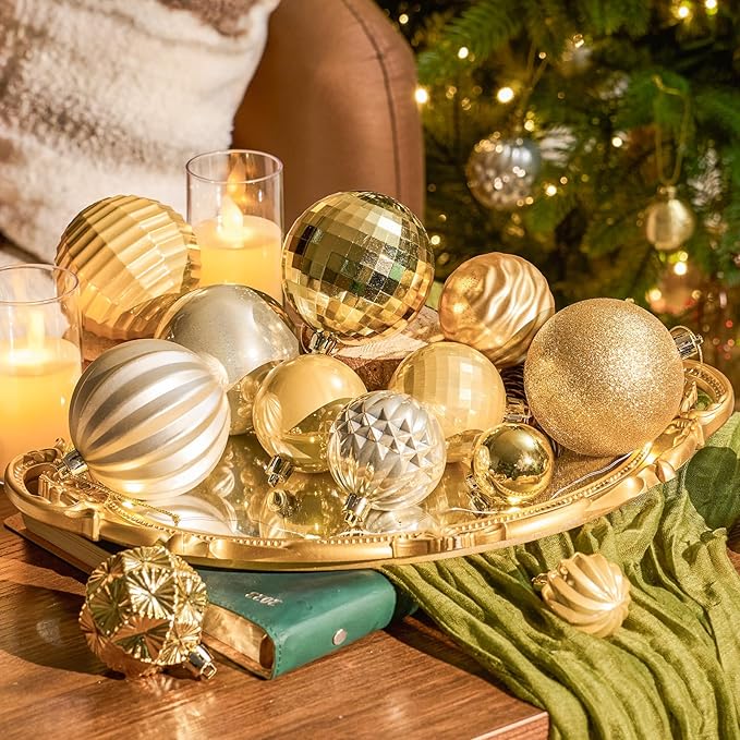 JORNOY Christmas Tree Ornaments Set, 47 Pack Assorted Shatterproof Hanging Balls Decorations, Plastic Bulbs Bulk with Lanyard for Home Holiday Party Decor, 3-Sizes (Gold)