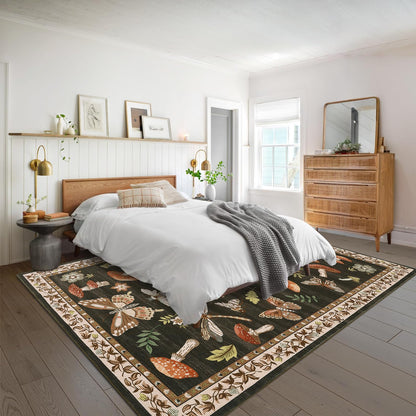 ROYHOME Mushroom Washable Rug 5x7 Area Rugs for Living Room, Insect Print Rug for Bedroom, Non Slip Throw Carpet with Rubber Back, Soft Low Pile Dining Room, Brown