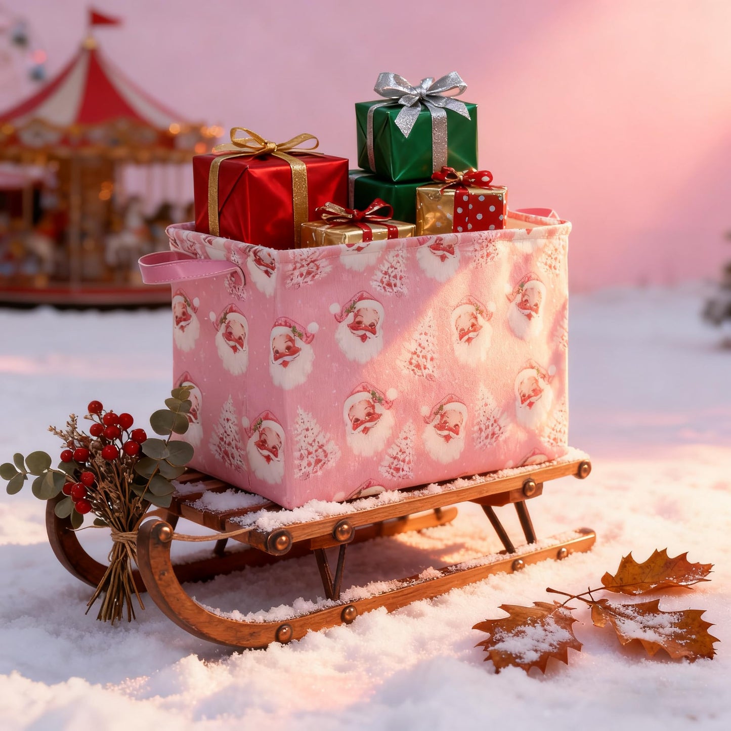 FYSUIMU 2Pcs Pink Christmas Storage Basket Collapsible Canvas Organizer Cute Xmas Tree Santa Fabric Storage Bin with Handles for Shelf Closet Holiday Home Organizer Decor