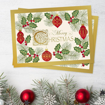 Masterpiece Antique Ornament Christmas Cards / 15 Festive Evergreen Holly Holiday Card Set With Foil Accents And White Envelopes / 5 5/8" x 7 7/8" Winter Greeting Cards With Inside Verse