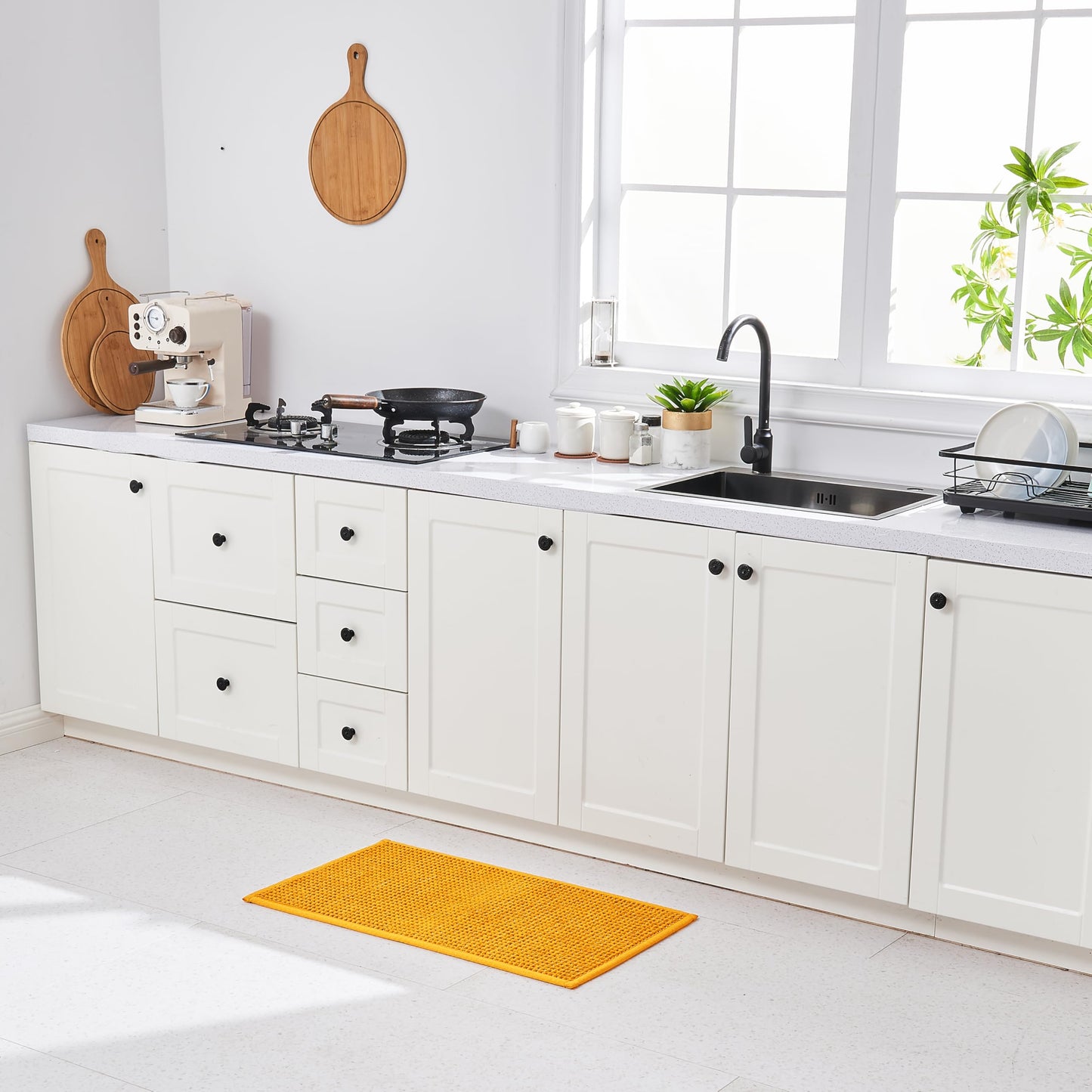 Douceur Chenille Waffle mat with Patented noslip Backing, Acrylic Blend Chenille Absorbent Bathroom Rugs, Cushioned mesh Backed Bath Rug Machine Washable, 18" x 32", Mustard Yellow
