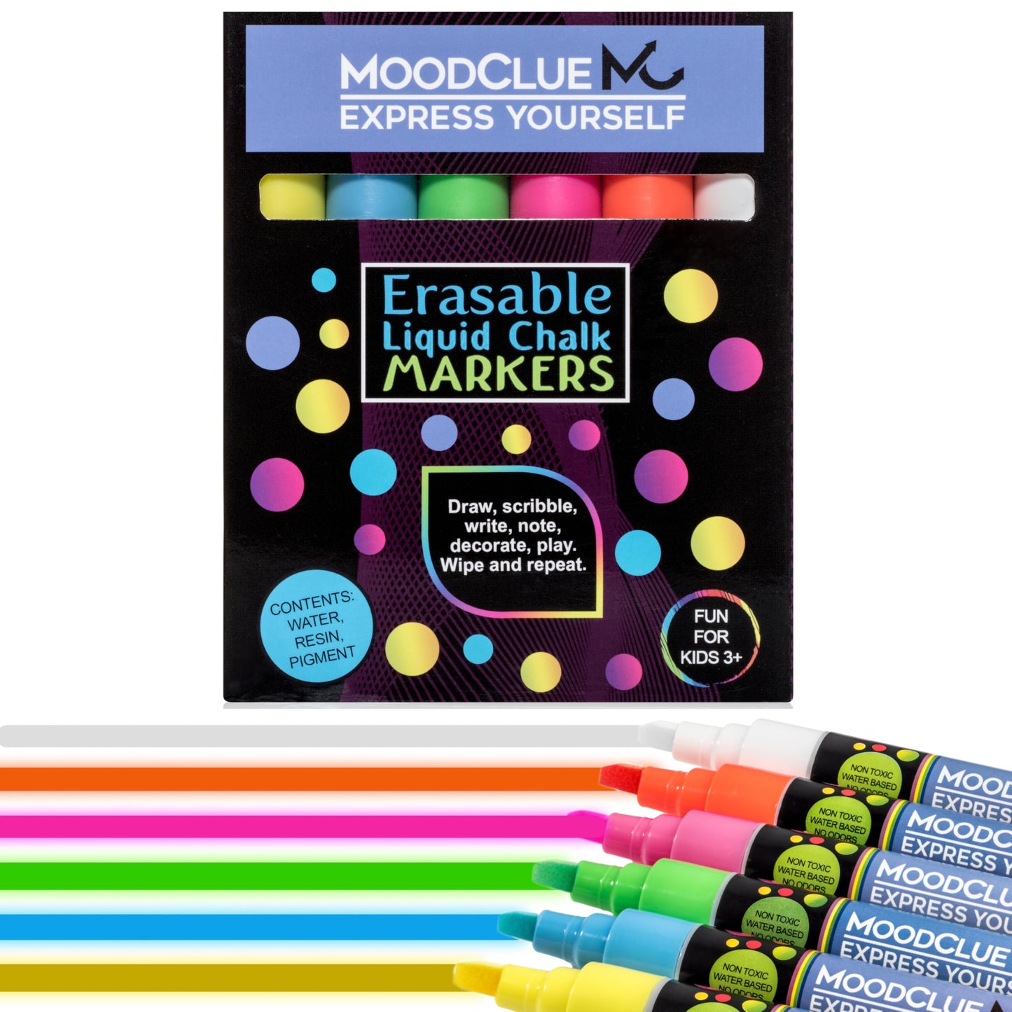 MoodClue Liquid Chalk Markers for Glass Erasable – 6 Neon Wet & Dry Erase Chalk Markers, Reversible Fine & Bold Tip, Washable Window, Mirror, Whiteboard, Blackboard & Car Window