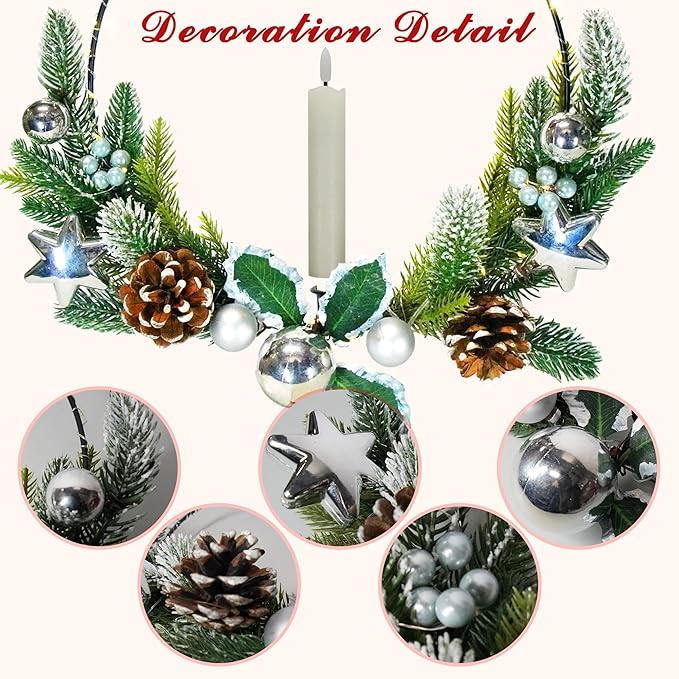 2Pack Christmas Wreaths for Front Door with Lights & Flickering LED Taper Candles & Remote, 16'' Windows Wreaths, Fireplace Christmas Decorations - Silver